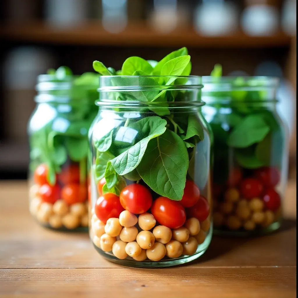 Mason jars filled with prepared batch cooking meals