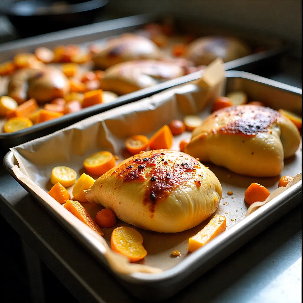Baking trays with prepared batch cooking items